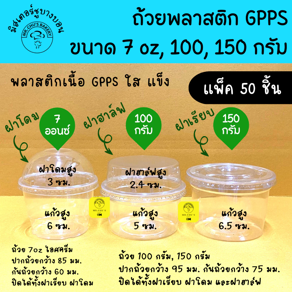 🚀พร้อมส่ง🚀 ถ้วย GPPS ขนาด 7 ออนซ์ 100 กรัม ฝาไม่เจาะรู แพ็ค 50 ชิ้น ฝาเรียบ ฝาโดม ฝาฮาล์ฟ ถ้วยพลาสติก