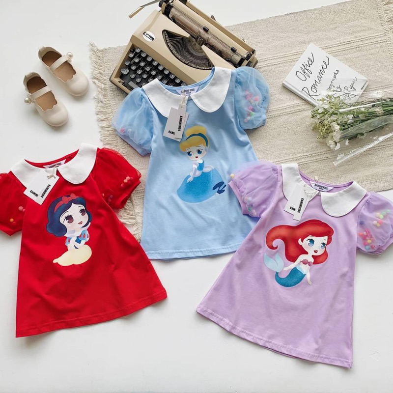 พร้อมส่ง เดรสเจ้าหญิง คอปก แต่งแขนลูกสี ผ้านิ่มเด้ง สีสันสดใส