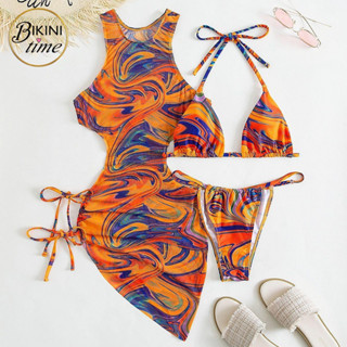 🏖BikiniTime (M-XL) SB226 มี4สี ชุดว่ายน้ำเซ็ท 3 ชิ้น ลายสีน้ำ พร้อมเดรสเว้าเอว ชุดเที่ยวทะเล