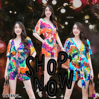 TW18551 set 2 ชิ้น เสื้อมัดย้อมลายนกยูงผูกโบว์ด้านหน้า + กางเกงขาสั้น