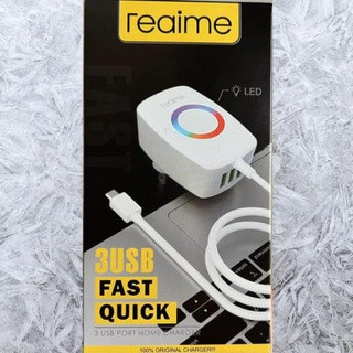 Realme หัวชาร์จ USB 3 ช่อง พร้อมสาย Micro usb 3 พอร์ต มีไฟ LED ชาร์จไว หัวชาร์จเร็ว ที่ชาร์จแบต fast charger 3 ports USB