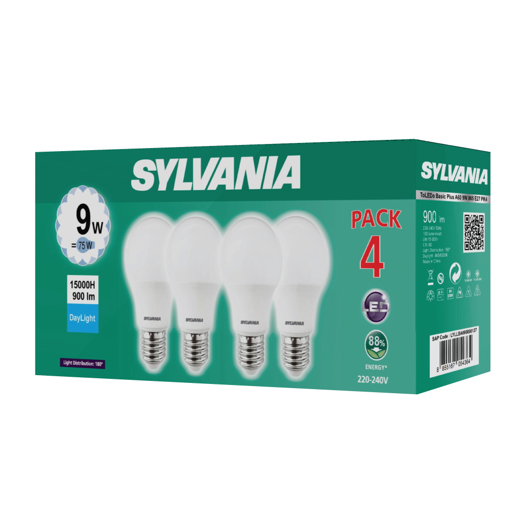[แพ็ค 4 สุดคุ้ม ] SYLVANIA หลอดไฟแอลอีดี รุ่น ToLEDo Basic Plus A60 9W ขั้ว E27 (แสง Daylight : สีขาว) รุ่นใหม่
