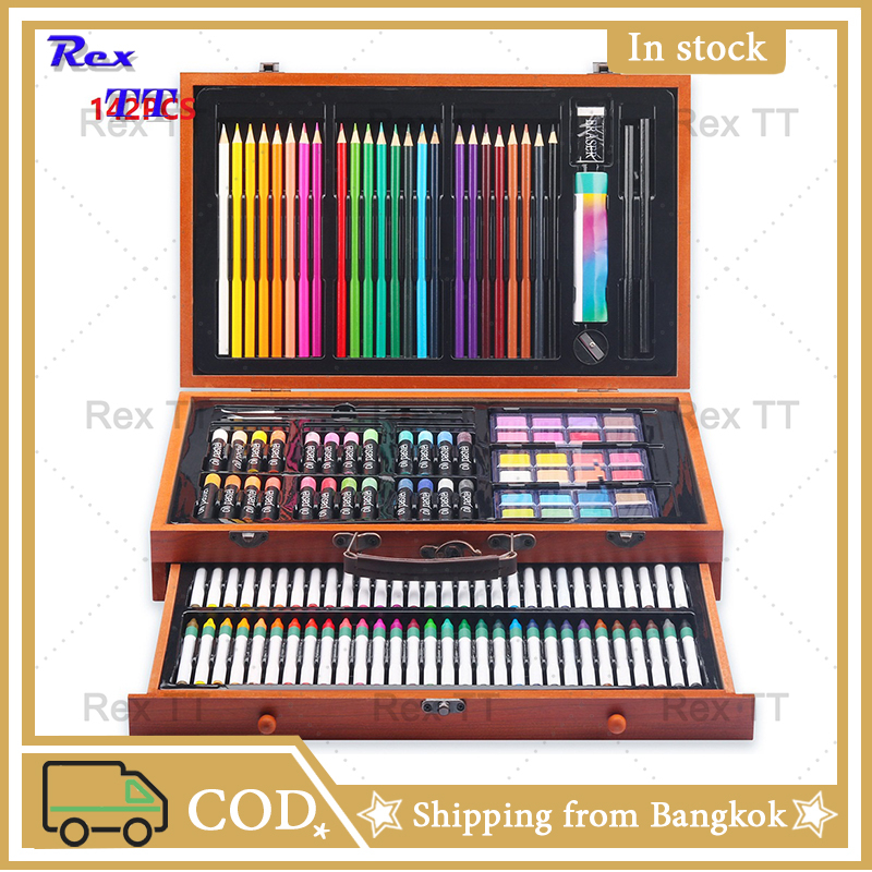 Rex TT 142pcs wooden box kids drawing set art oil paint stick crayon colored pencil art complete supplies