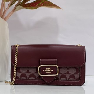 พร้อมส่ง NEW COACH Morgan #Crossbody In Signature ChambrayGold/Wine Multiสีแดงเข้ม ลาย C