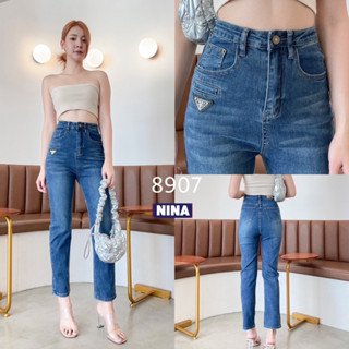 👖NN-ST🌟#8907 กางเกงยีนส์ผ้ายืด เอวสูงกระบอกเล็กงานฟอกเข้มๆ ผ้ายืดหยุ่นดี แต่งอะไหล่ สวยๆ กระเป๋าหน้า