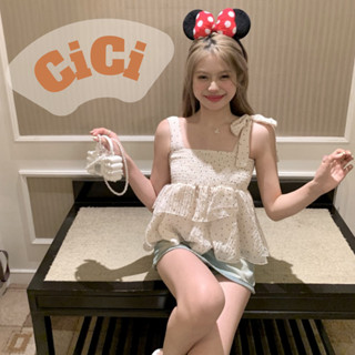 Cici(NO.D102)เสื้อกล้ามผ้าชีฟองลายจุด สม็อกช่วงอก ดีเทลสายสามารถผูกปรับได้