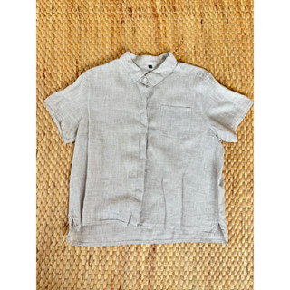 Linen shirt x L แขนสั้น ลายสก็อตเทา ทรง MUJI อก 36 ยาว 20/24 • Code : APJ1