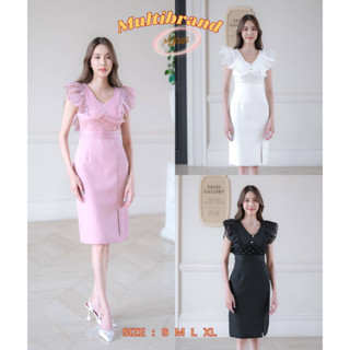 Iงานป้าย Multibrand {S-XL} (ป้ายแท้)(เช็คของก่อนโอนเงิน) มี 4 ไซส์ ชุดเดรสสั้นแขนกุดระบาย แต่งเอวเพชร 002