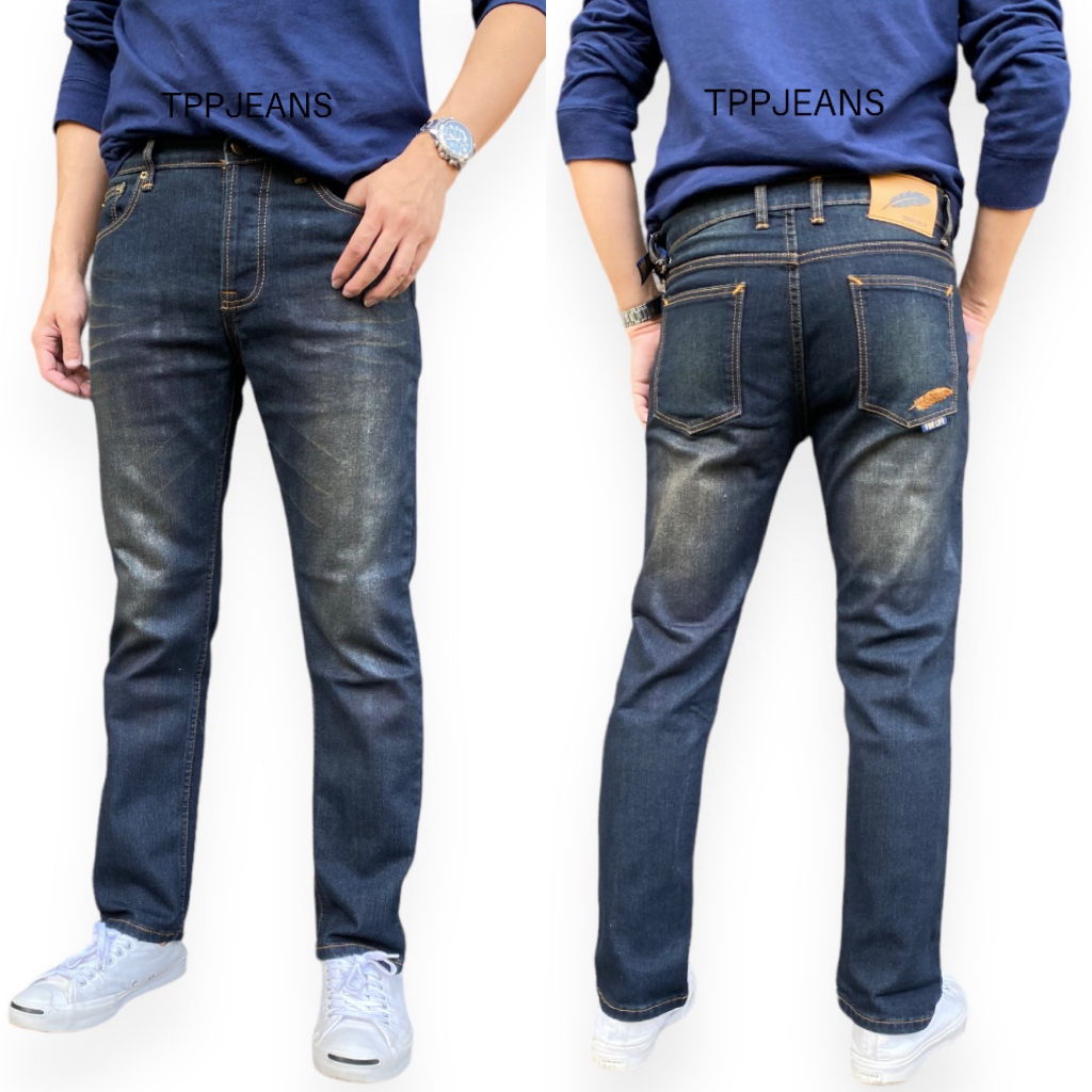JEANSEXPRESS CHMen's Denim กางเกงยีนส์กระบอกเล็กชายสีบลูฟอกสนิม ปักขนนก ผ้ายืดใส่สบาย เป้ากระดุม Size 28-36