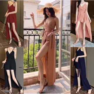 ✨FF11098✨ Jumpsuit จั้มสูทสายเดี่ยวขาสั้น แต่งคลุมผ้าเป็นกระโปรง ช่วงอกไขว้ป้ายหน้า❣️❣️