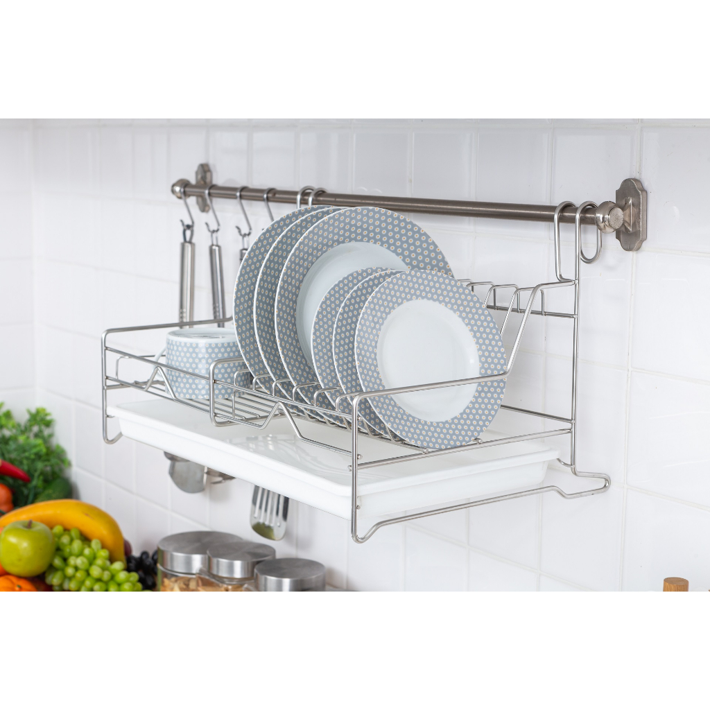 Kowahomeware Stainless steel 304 ที่คว่ำจานสแตนเลสแบบแขวนมีถาดรองน้ำแพคกับราวแขวน 60ซม.แถมตะขอ5ชิ้้น