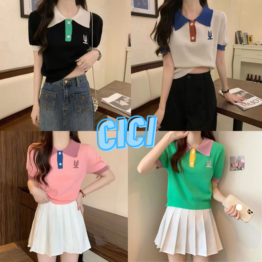 ส่งทันที Cici(NO. 78033)เสื้อไหมพรมแขนสั้นคอปก กระดุมหน้า สีทูโทนสไตล์เกาหลี