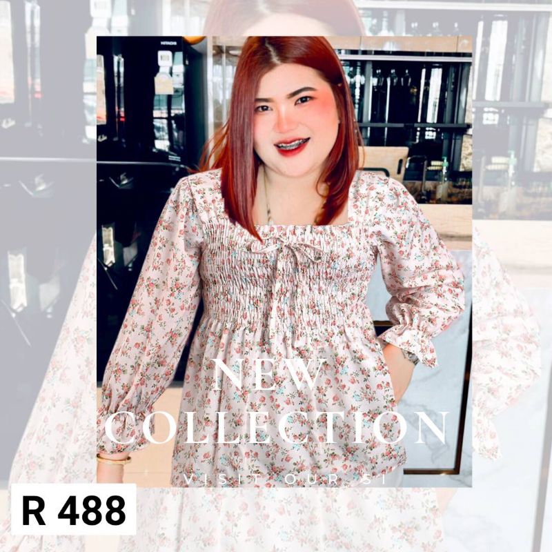 R488.เสื้อสาวอวบสม็อคแขนยาว ลายดอก สายหวาน