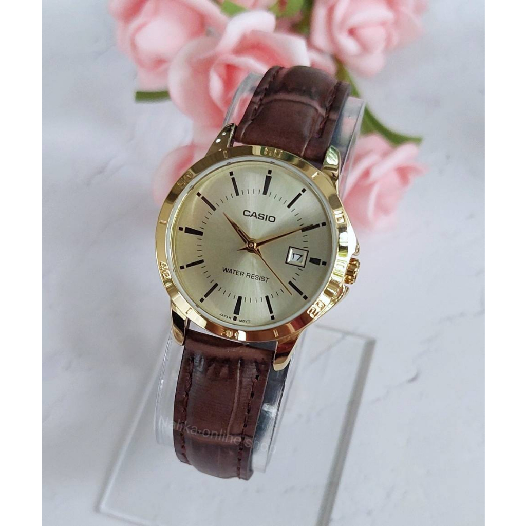 นาฬิกา Casio รุ่น LTP-V004GL-9A ,7Aนาฬิกาข้อมือผู้หญิงสายหนัง สีน้ำตาล ขอบทอง-  ของแท้ 100% ประกันlสินค้า 1 ปี