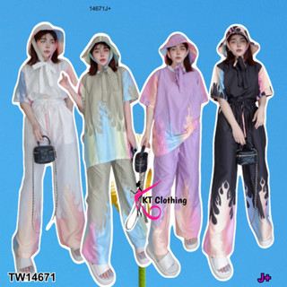 TwinsShopVip💗พร้อมส่ง TW14671 Set 3 ชิ้น เสื้อแขนสั้นกุ้นคอ+กางเกงขายาว+หมวก ลายไฟรุ้ง