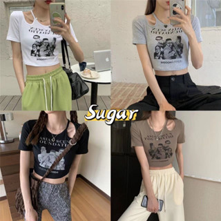 Sugar🌈พร้อมส่ง🌈เสื้อครอป แขนสั้น ผ้าคอตตอนผสมโพลีเอสเตอร์ เสื้อฟรีไซด์(19)