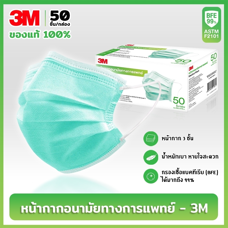 3M กล่องเล็ก แมส หน้ากากอนามัย Face Mask Earloop ( 50ชิ้น / กล่อง ) ของแท้ 100% กันฝุ่น กันเชื้อโรค