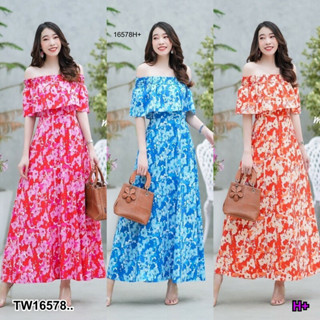 TW16578 Maxi dress ระบายเปิดไหล่