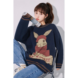 CHERISH (พร้อมส่ง) เสื้อคลุมแขนยาว แบบสวม Sweater สีกรมท่า ลายกระต่าย น่ารัก ผ้าหนาคุณภาพ งานป้าย