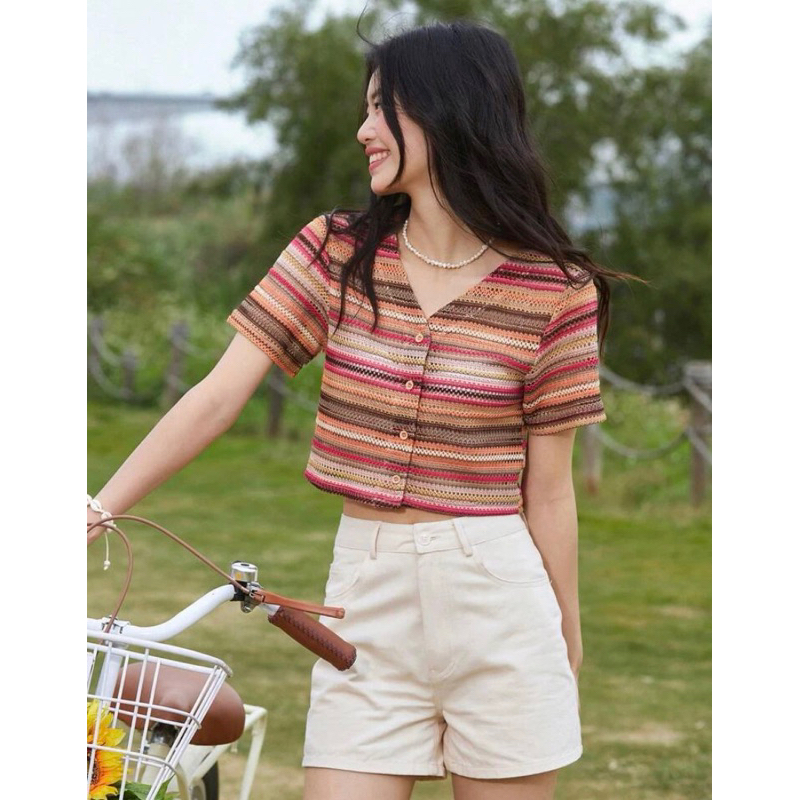 DAZY เสื้อครอบ ลายทาง กระตุมหน้า