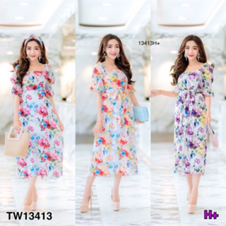 CS13413 แม็กซี่เดรสคอเหลี่ยม แขนพอง พิมพ์ลายดอก + สายผูก Square neck maxi dress, puff sleeves, floral print + tie