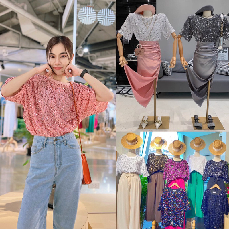 ເສື້ອຍືດກະພິບແກລິດ (Glitter) ວິ້ງໆ Oversize ຄໍກົມ ສາຍປາຕີ (Unisex)