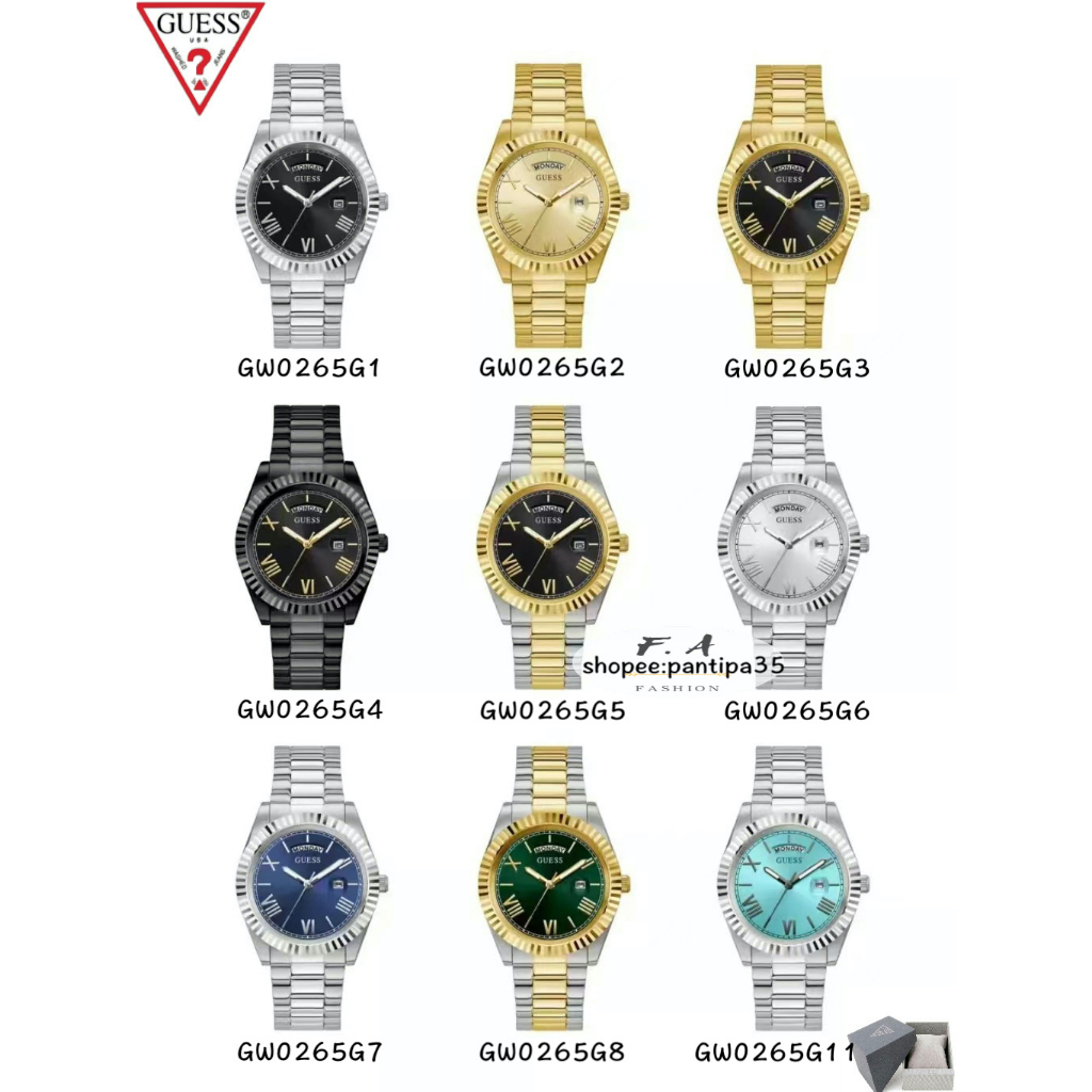 F.A ของแท้100% GUESS ดูคลาสสิกที่ไม่เคยล้าสมัย ขอบเหรียญที่ผสานเข้ากับสายนาฬิกาแบบ 3 ลิงค์ขัดเงา GW0265G1 GW0265G2