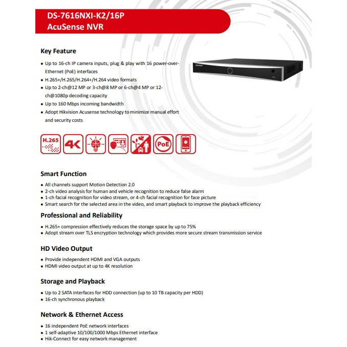 HIKVISION เครื่องบันทึกภาพ12MP Pro series NVR รุ่น DS-7616NI-I2/16P.// DS-7616NXI-K2/16P(D) 16-ch 1U 16 PoE.