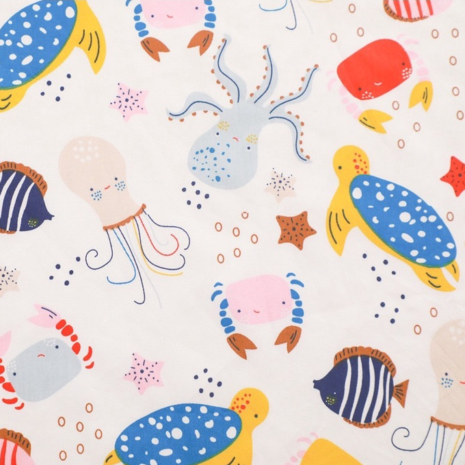 ผ้าคอตตอน 100% ทอทวิล ผ้าเมตร หน้ากว้าง1.6 เมตร ลายไดโนเสาร์ ลายปลา ทะเล