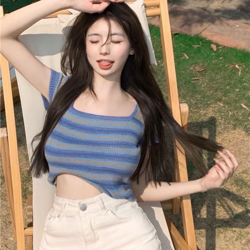 Lady_Sakura 1380-6/AD.E#เสื้อแฟชั่นคอเหลี่ยมสีเรนโบว์#เสื้อไหมพรมแขนสั้นเนื้อผ้ายืดหยุ่นได้เยอะ