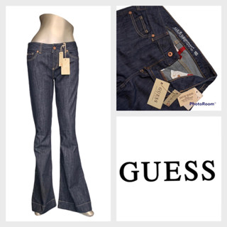 Guess(เกสส์) GS16 กางเกงขายาวผู้หญิง เอวต่ำ ยีนส์สีเข้ม ป้ายหนังสีดำ ขาม้า