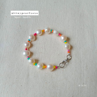 สร้อยข้อมือ มุกบาร็อค ไข่มุกแท้ Baroque Pearl Bracelet ลูกปัดสีสัน ไข่มุกน้ำจืด Colorful Pink Tinypearlxoxo N1434