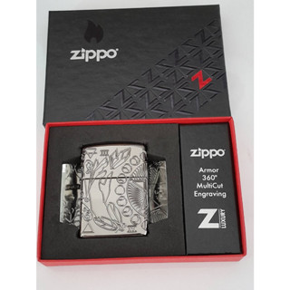 ZIPPO  49689  WICCA  DESIGN  ARMOR CASE  BLACK ICE  MULTICUT ENGRAVING   ผิวแบล็คไอร  ตัวถังหนาพิเศษ  ลายแกะลงเนื้อลึก