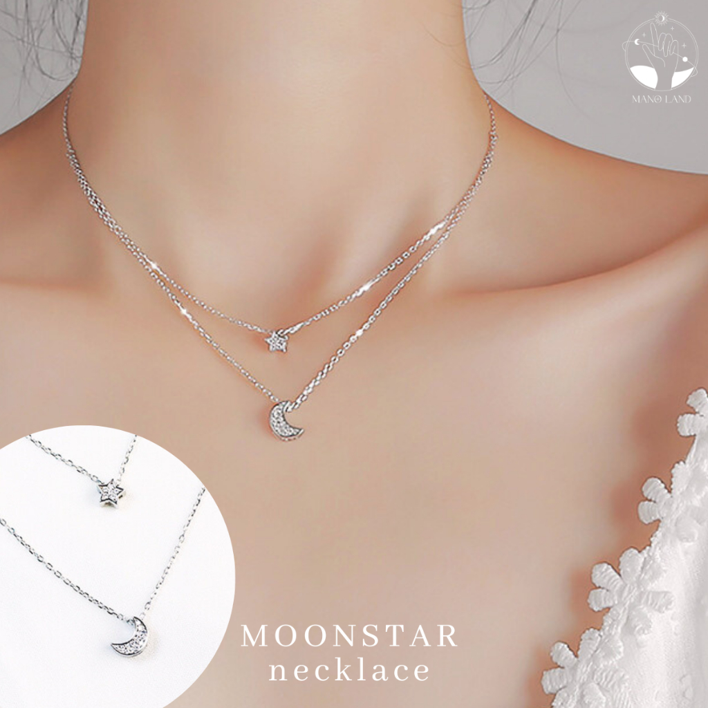 MNL💗MOONSTAR สร้อยคอสองชั้นห้อย จี้ดาวกับพระจันทร์ ไม่ลอกดำ ไม่แพ้ เครื่องประดับแฟชั่น ผู้หญิง เงินแท้ ของขวัญ มินิมอล