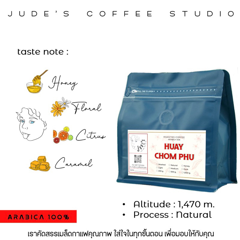 เมล็ดกาแฟคั่ว ห้วยชมภู 🍒🍓🥭 (Natural Process) AA 200กรัม Jude’s coffee studio