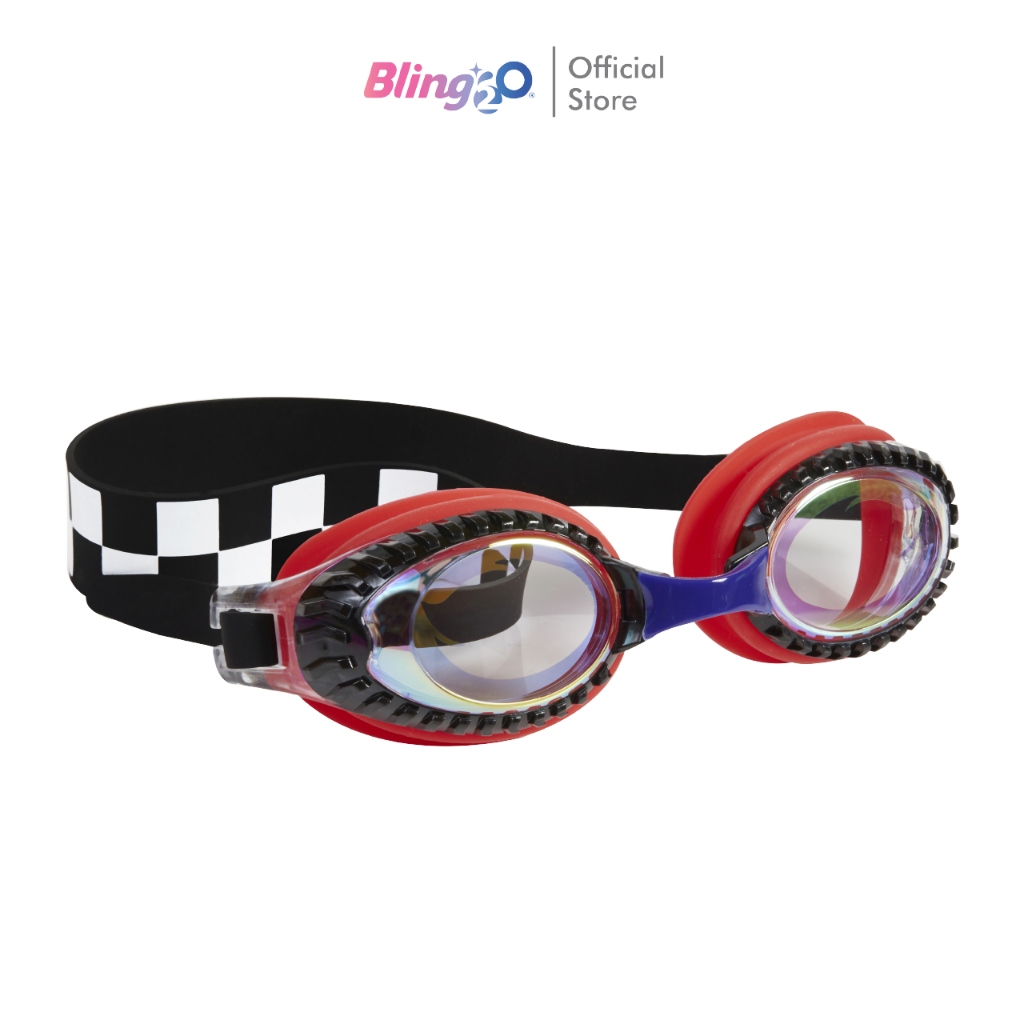 BLING2O แว่นตาว่ายน้ำเด็กยอดฮิตจากอเมริกา Drag Race Retro RED Checkerboaed ป้องกันฝ้าและ UV สายซิลิโคนนิ่มไม่พันผม