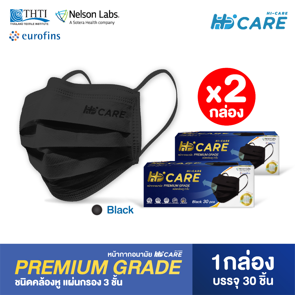 [เซทคู่สุดคุ้ม] Hi-Care Premium Grade หน้ากากอนามัยหนาพิเศษ สีดำ (กรองPM2.5 เชื้อโรค) 1 กล่อง บรรจุ 30 ชิ้น