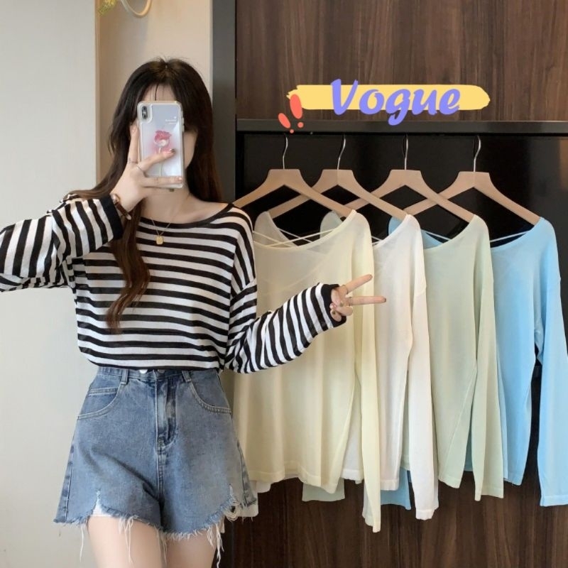 Vogue พร้อมส่ง เสื้อไหมพรมแขนยาว เว้าด้านหลัง ผ้าซีทรูเซ็กซี่ (1A30) -C