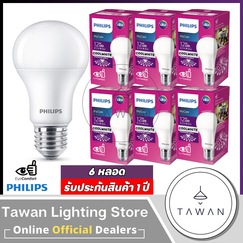 [6หลอด] Philips หลอดไฟแอลอีดี 12วัตต์ รุ่น Mycare ขั้วE27 LED Bulb 12W Daylight แสงขาว Warmwhite แสงเหลือง Coolwhite
