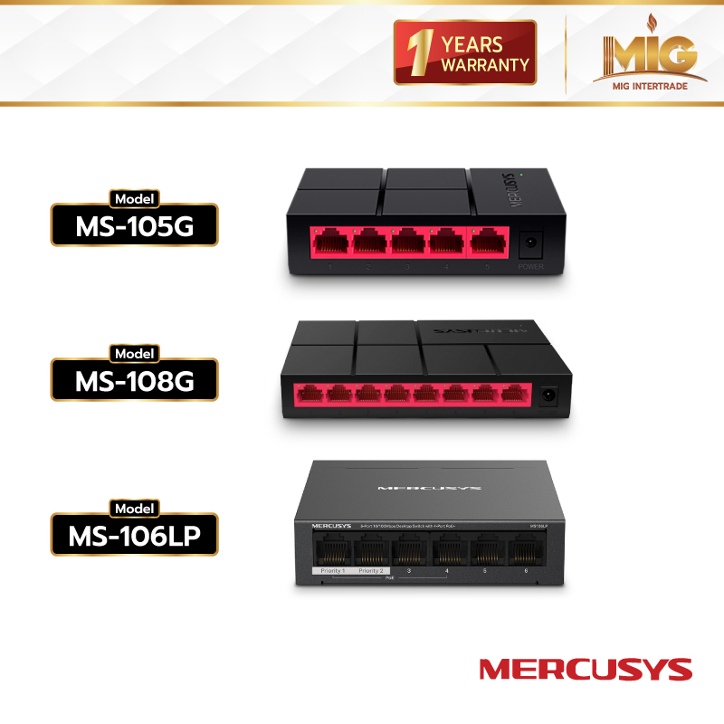 Mercusys สวิตซ์ฮับ รุ่น MS105G (5 Port) / รุ่น MS106LP (6 Port) / รุ่น MS108G (8 Port) รับประกัน 1 ป