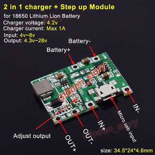 โมดูลชาร์จแบต พร้อม step up ปรับเพิ่มV แบบมีวงจรป้องกัน micro type-C usb สำหรับ แบต 3.7 v 1S ตัดไฟอัตโนมัติ