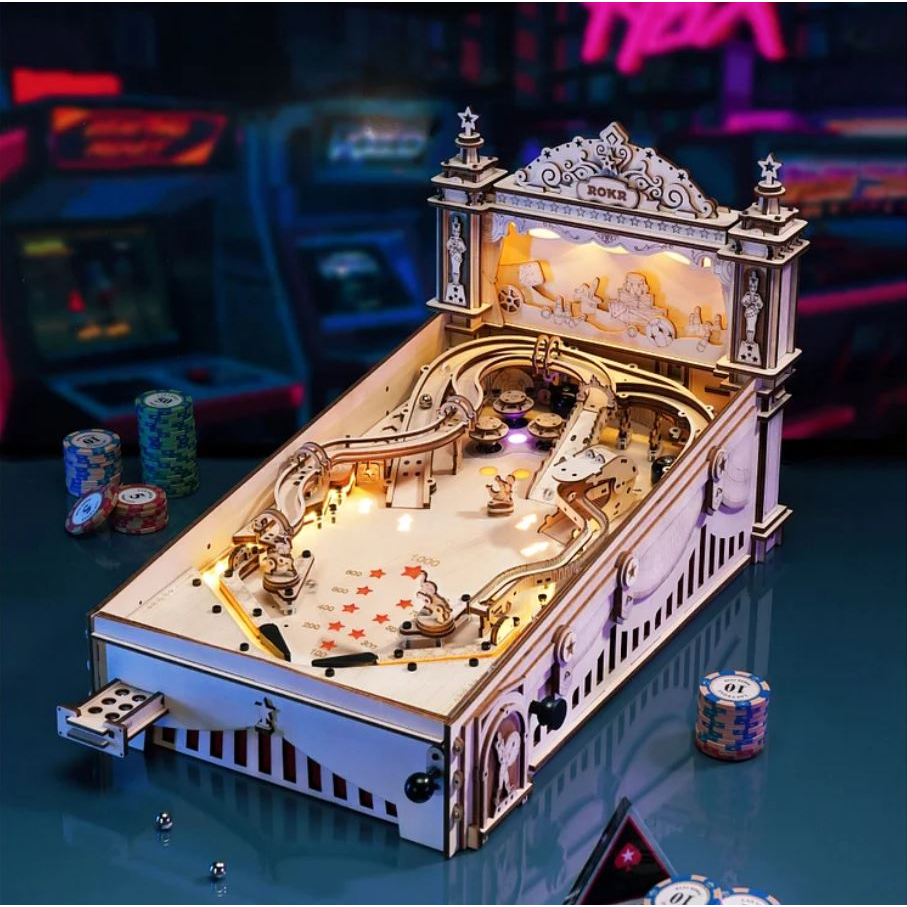 [ส่งด่วนกทม.] เครื่องเล่นพินบอล ประกอบเอง PINBALL DIY ตัวต่อไม้ มีไฟ มีเสียง นับแต้มจริง ROKR EG01