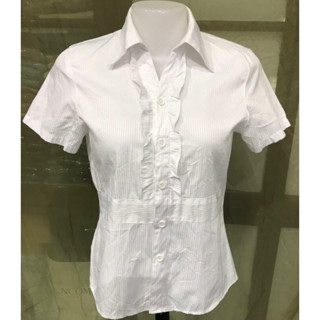 อก 35” เสื้อคอปกแต่งระบาย แขนสั้น ผ้าโพลีเอสเตอร์ (6058) เสื้อมือสอง สภาพใหม่