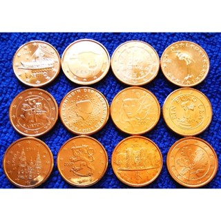 เหรียญ​ยูโร​ 1 Euro​ Cent, ชุดใหญ่จัดเต็ม 12 ประเทศ 12 เหรียญ, #​660T, ไม่​ผ่าน​ใช้​ UNC