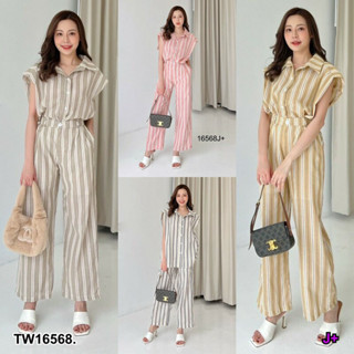 TwinsShopVip💗พร้อมส่ง TW16568 Set 2 ชิ้น เสื้อเชิ้ตคอปกแขนล้ำยกไหล่ + กางเกงขายาว