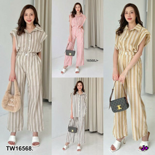 TwinsShopVip💗พร้อมส่ง TW16568 Set 2 ชิ้น เสื้อเชิ้ตคอปกแขนล้ำยกไหล่ + กางเกงขายาว