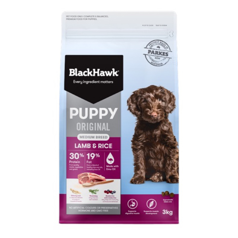 อาหารลูกนัข BlackHawk (แบล็คฮ๊อก) Dog Puppy Medium Breed Lamb & rice 3kg