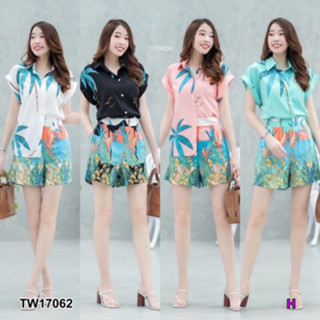 CS17062 set 2 ชิ้น เสื้อเชิ้ตแขนเบิ้ลลายต้นมะพร้าว + กางเกงขาสั้นลายต้นมะพร้าว set 2 pieces: coconut tree pattern double