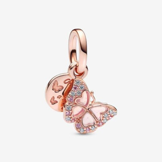 (พร้อมส่ง)Pandora Pink Butterfly &amp; Quote Double Dangle Charm  ติ้งผีเสื้อ Pandora ของเเท้100%