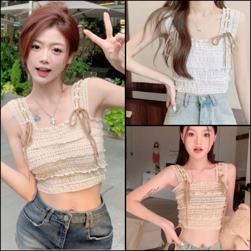 aimorn_shop เสื้อครอปผ้าไหมพรมถักเนื้อนิ่มใส่สบาย งานสายเดี่ยวแต่งโบว์ผูก แมทช์กับอะไรก็สวยน้าส์